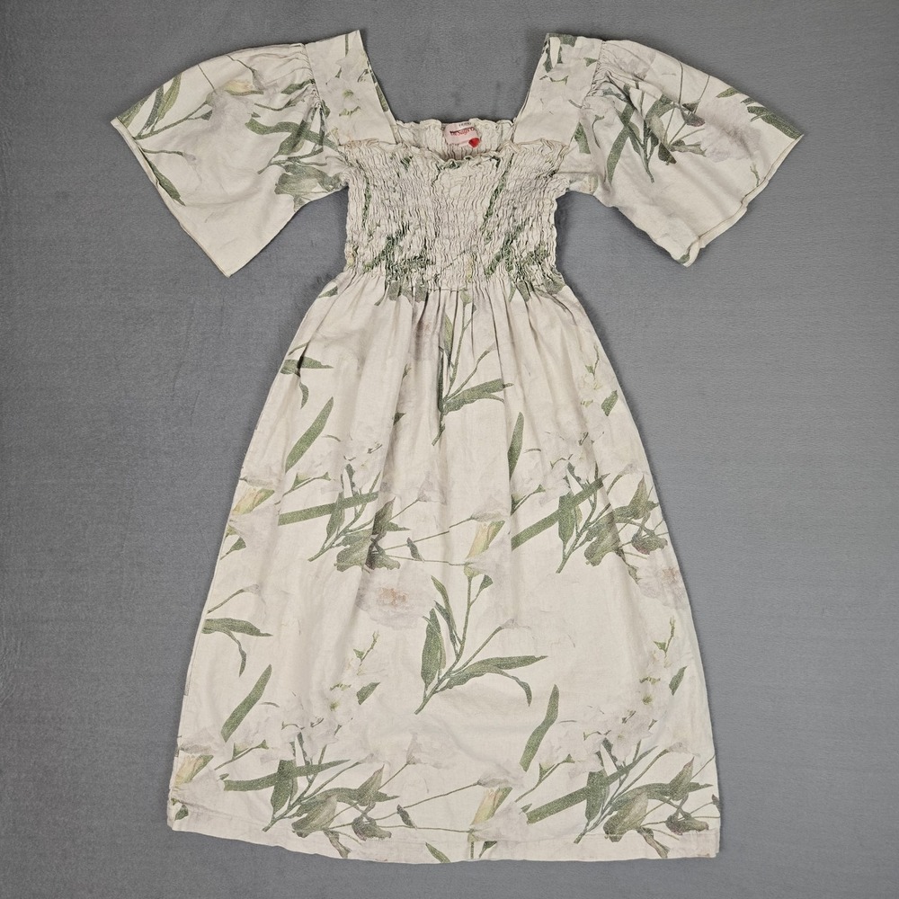 Lisa Says Gah Toni Smocked Midi Dress Womens Medium Floral Linen Cotton